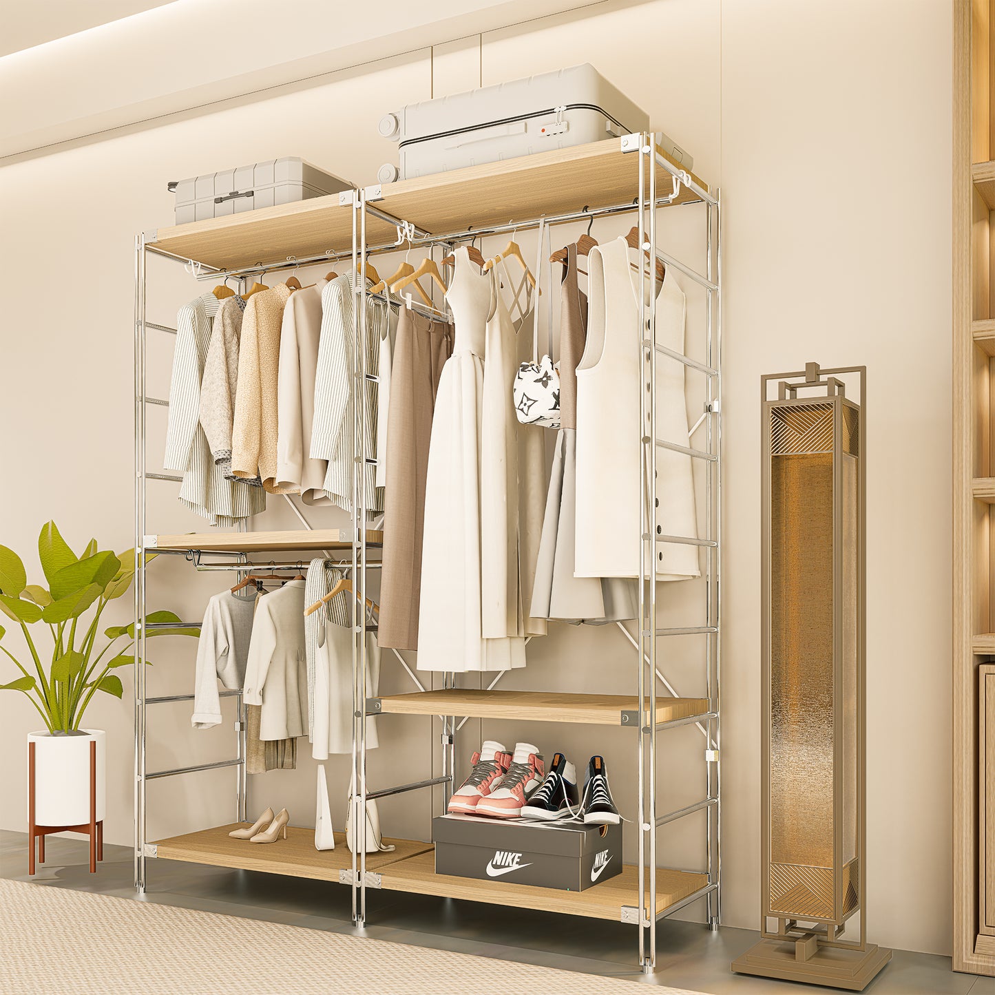 STEELFURNY Modern Portable Wooden Closet Wardrobe Furniture for Bedroom Living Room and Bathroom Display Rack Design