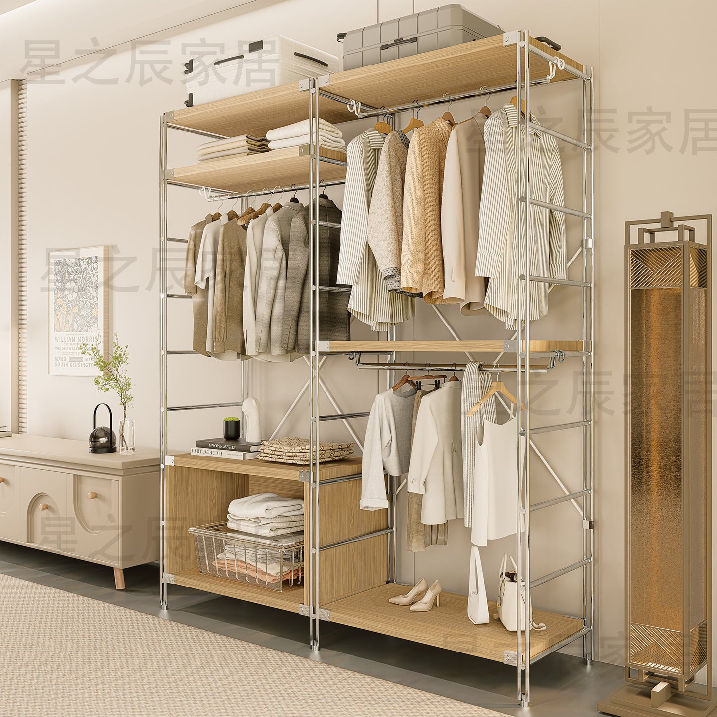 STEELFURNY Modern Portable Wooden Closet Wardrobe Furniture for Bedroom Living Room and Bathroom Display Rack Design