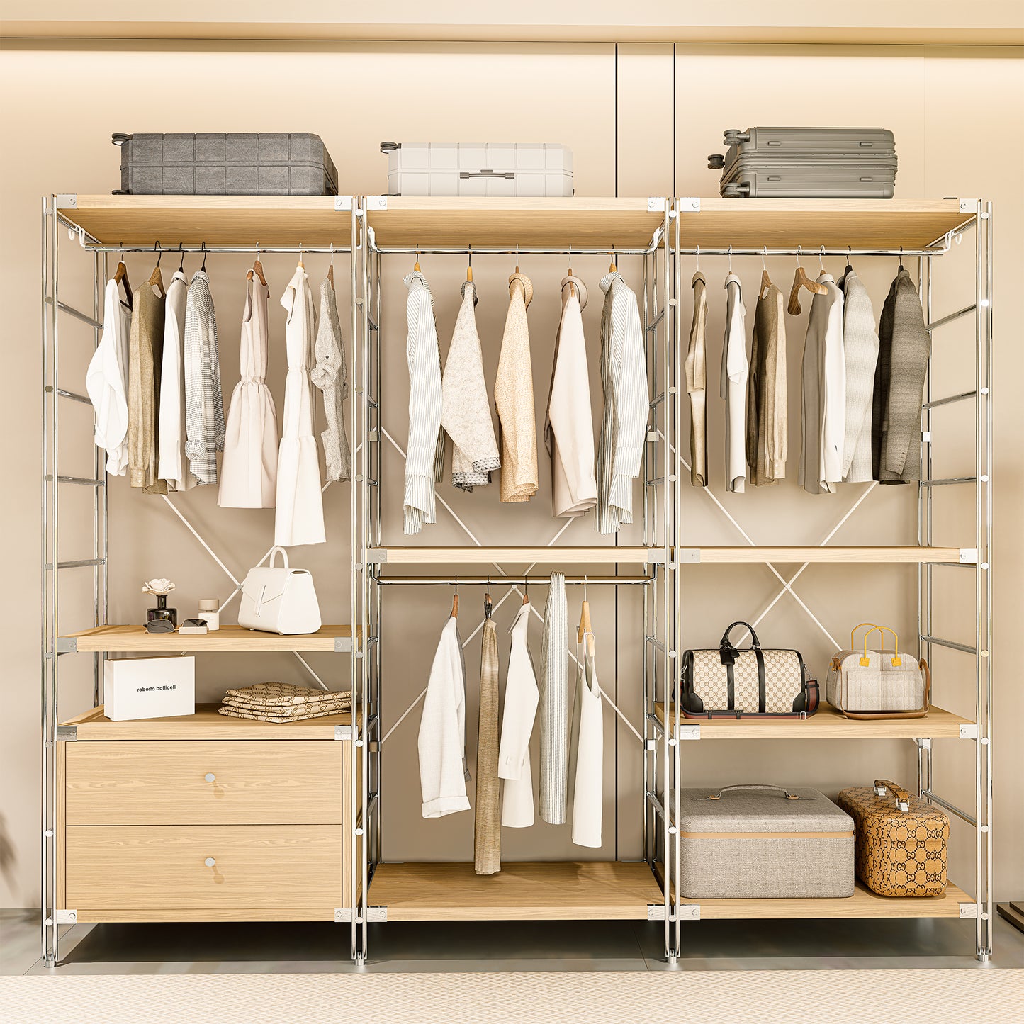 STEELFURNY Modern Portable Wooden Closet Wardrobe Furniture for Bedroom Living Room and Bathroom Display Rack Design